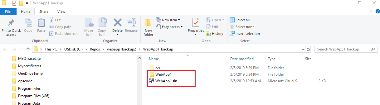 Screenshot of File explorer with the web app folder and web app solution file highlighted.